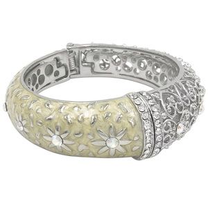 🔴 CLEARANCE Ivory Cream Enamel Rhinestone Silver Hinged Bangle Bracelet